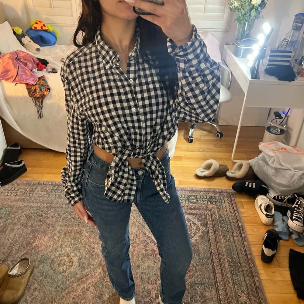 J.Crew navy blue and white checkered button up